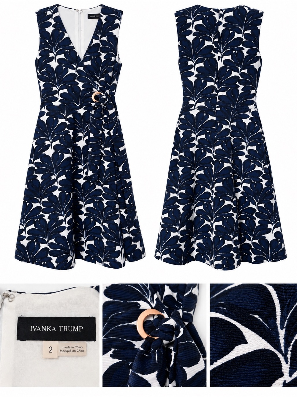 Ivanka Trump Dress Womens 2 Navy White Floral Fit Flare Gold Ring Sleeveless